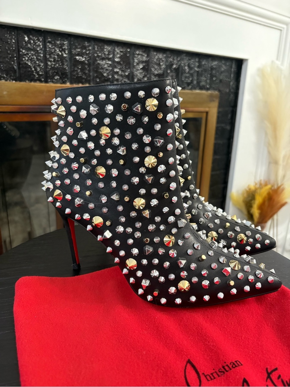 Christian Louboutin So KateBlack Leather Spike & Stud Ankle Boots with Red Soles - Picture 3 of 7